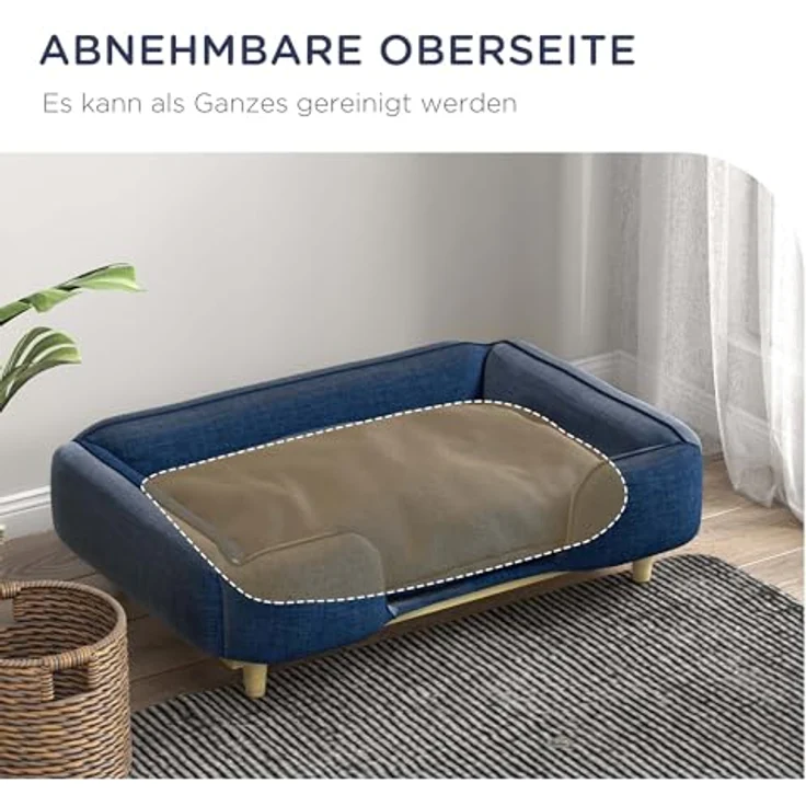 PawHut Hundesofa, Haustiersofa mit Kissen, Hundebett mit Erhöhtem Design, Katzensofa, Hundecouch, Hundesessel mit Holzbeine, Polyester, Dunkelblau, 96 x 66 x 24 cm – Bild 5