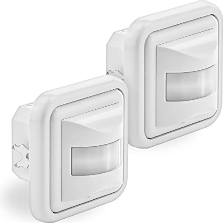 deleyCON 2X Infrarot Bewegungsmelder Unterputz Wandmontage Innenbereich Lichtsteuerung 160° Arbeitsfeld 9m Reichweite eingebauter Lichtsensor Weiß, 2er Pack