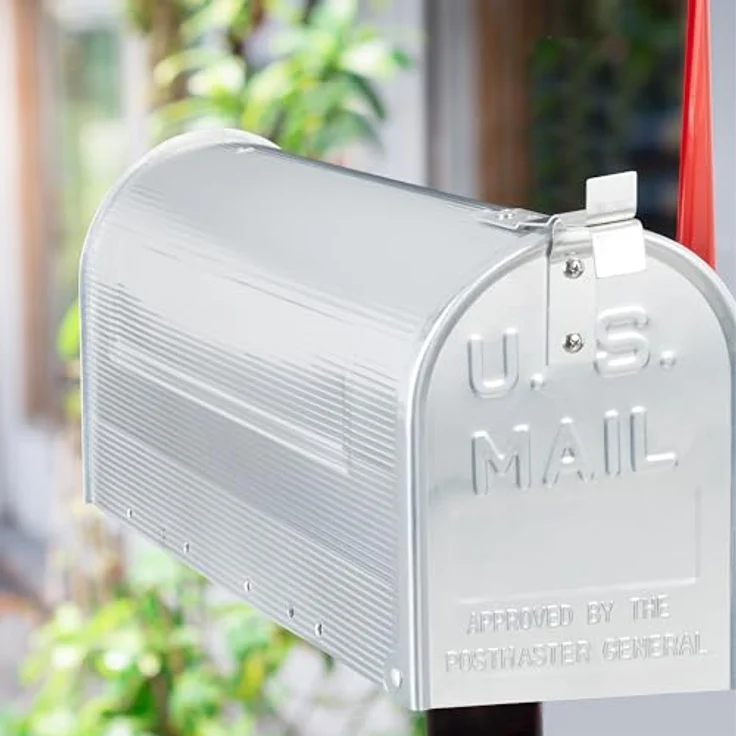 Relaxdays Amerikanischer Briefkasten, Aluminium, Original US Mailbox, Fahne, Nostalgie, HxBxT: 22 x 16,5 x 48 cm, silber – Bild 3