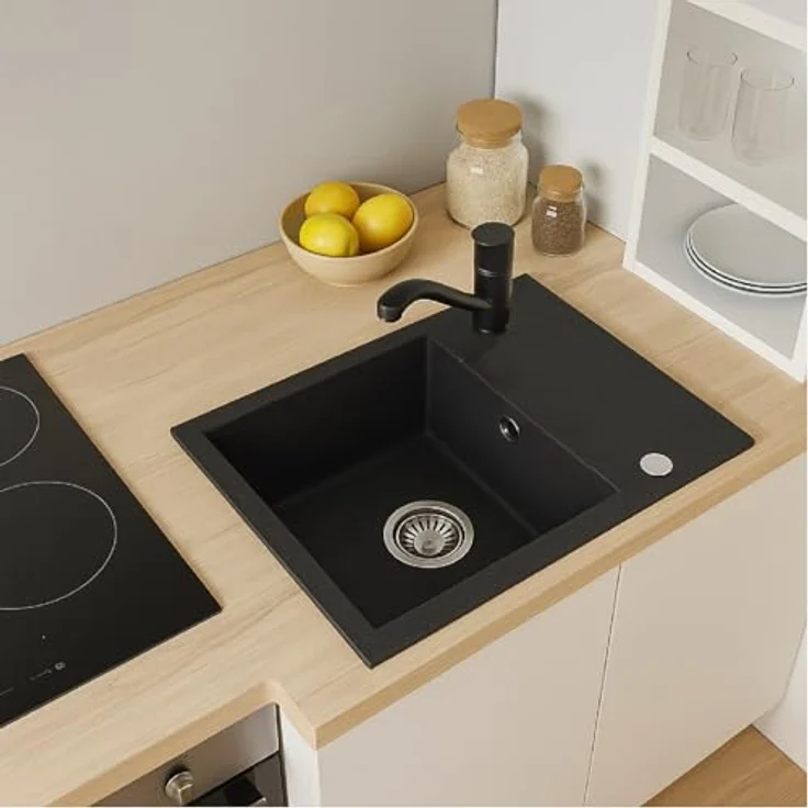QLS Granit-Küchenspüle LUNA 59x44 cm, 1-Becken mit Abtropffläche, reversibel, automatischer Siphon, für 40 cm Unterschrank, Schwarz metallic, matt, kompakt – Bild 2