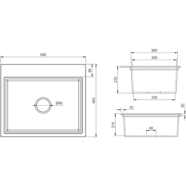 QLS Küchenspüle Comfort 0.0L, Granit-Spülbecken, 58x49,5cm mit Siphon, langlebig und kratzfest, Schwarz – Bild 9