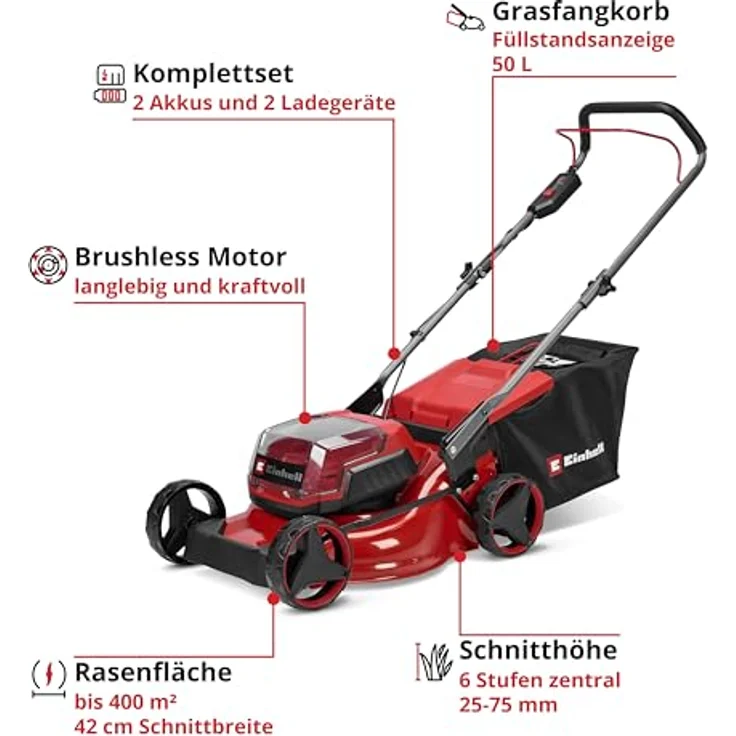 Einhell Akku-Rasenmäher 'GC-CM 36/42 Li BL', geeignet für Flächen bis 400 m², bürstenloser Motor, 50-Liter-Grasfangkorb, zentrale Schnitthöhenverstellung, inklusive Akku und Ladegerät – Bild 3