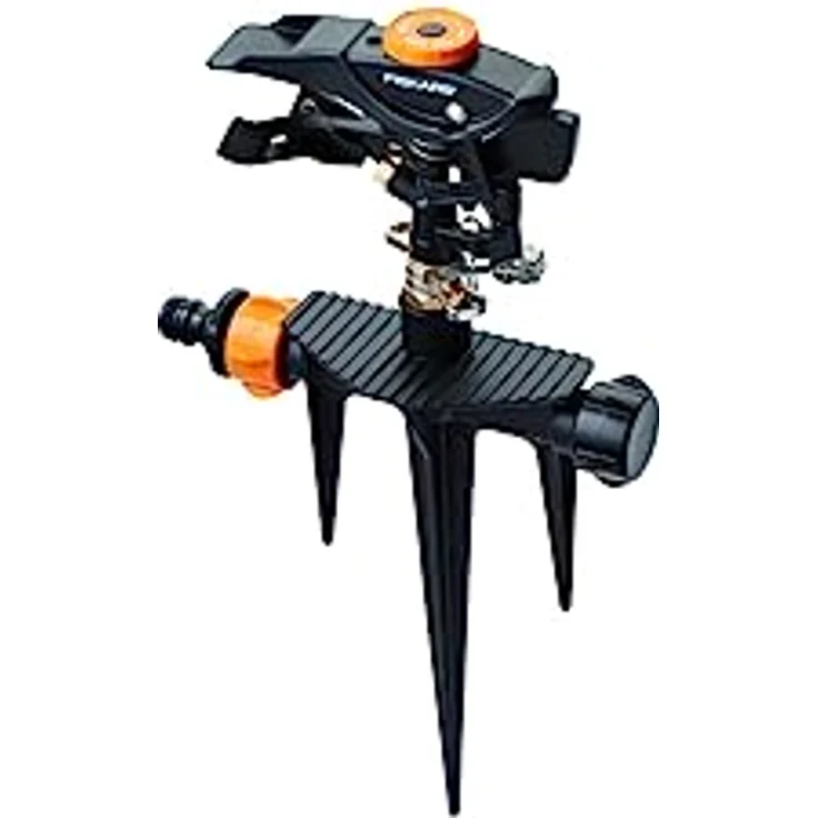 Fiskars Impuls-Sprinkler XL, Metallsprinkler mit Abstandsregelung, Sprühbild- und Rotationskontrolle, Ø 26 m Reichweite, Schwarz/Orange, 1023658 – Bild 1