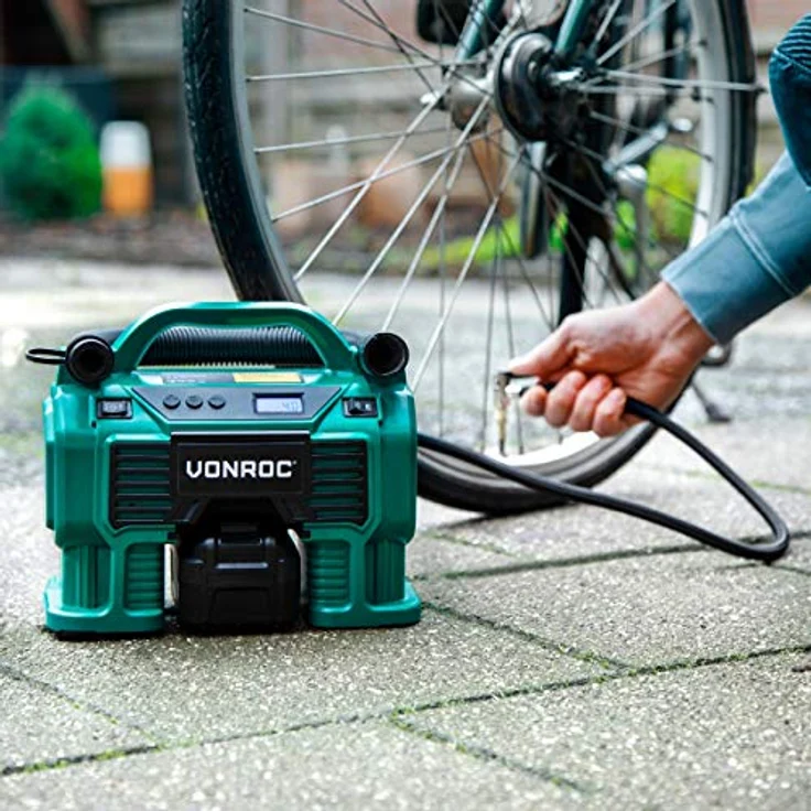 VONROC Akku-Kompressor VPower - 2-in-1 Multifunktions-Kompressor - Max. Arbeitsdruck 11 bar - Inkl. 8-teiligem Zubehör - Blau – Bild 3