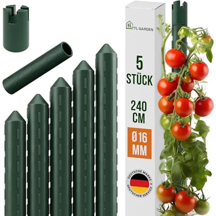TTL GARDEN Rankstäbe 5er Set, 240 cm x 16 mmØ, grün - extra stabile Pflanzstützen aus rostfreiem Stahl mit Kunststoffbeschichtung für Tomaten, Paprika, Gurken und Blumen – Bild 1