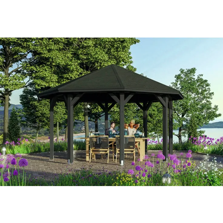 GartenHaus SKAN HOLZ Nice 2 Pavillon Ø 484 cm, Leimholz in anthrazit, massive Konstruktion mit 12x12 cm Pfosten