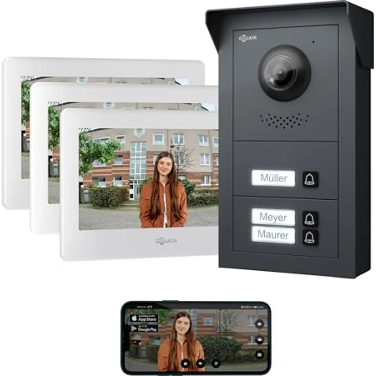 Goliath Intercom Video-Türsprechanlage Basic-Line, 3-Familie Türklingel mit 7-Zoll HD Monitor, Kamera mit 170° Bildwinkel, App-fähig, Weiß/Schwarz – Bild 1