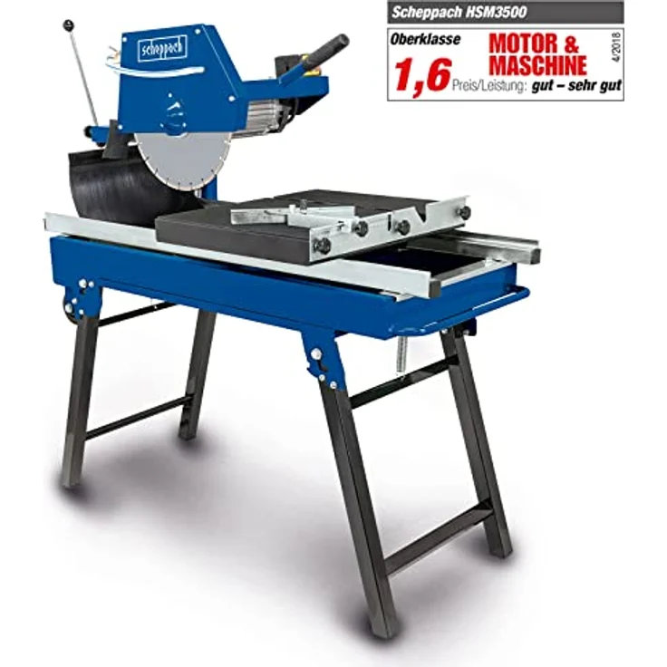 Scheppach HSM3500 Steintrennmaschine Fliesenschneider | inkl. Fahrvorrichtung & Diamanttrennscheibe | 700mm Schnittlänge | 110mm Schnitthöhe | inkl. Wasserpumpe & Winkelanschlag | Sägekopf 0°- +45° – Bild 2