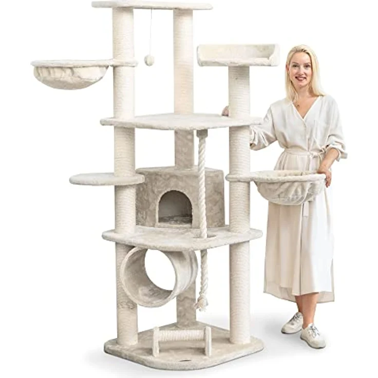 HAPPYPET Großer Kratzbaum Parker 171 cm hoch - Kletterbaum Katzenbaum für Katzen, Stabile Dicke Sisal-Säulen 11 cm, Haus Spieltunnel, große Liegemulden (Belastbar 15 kg), Spieltau & Kratzrolle, Creme – Bild 1
