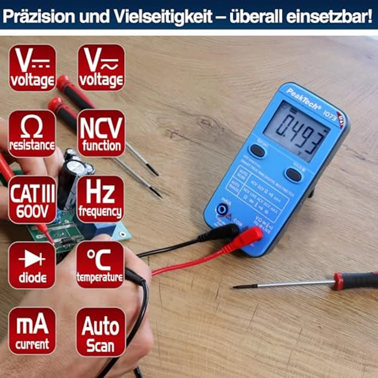 PeakTech 1073 True RMS SMART Multimeter, Auto-Range, 4.000 Counts, Durchgangsprüfer, Mehrfach-Messgerät, Voltmeter; 600V - 10A, NCV und Live-Test in Blau/Rot – Bild 3