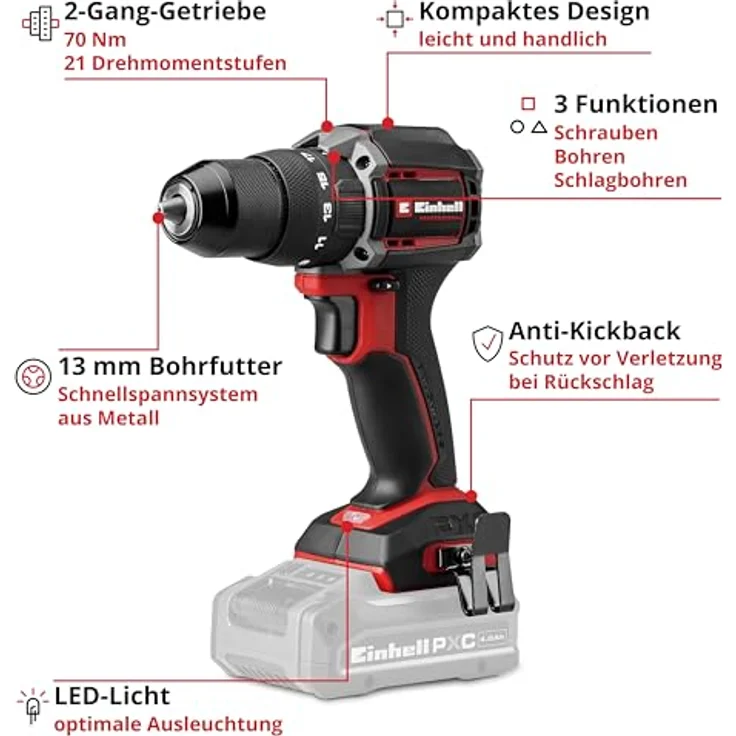 Einhell Professional Akku-Schlagbohrschrauber TP-CD 18/70-C Li-i BL, 18 V, Brushless, 70 Nm, Anti-Kickback, 2-Gang, 13 mm Bohrfutter, Solo ohne Akku – Bild 3