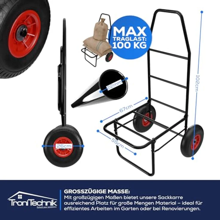 TroniTechnik Sackkarre Anglerkarre, klappbar mit Luftbereifung, rutschfester Transportfläche, Tragkraft 100 kg, wetterfest und geländetauglich, LxBxH 67x55x102 cm – Bild 5