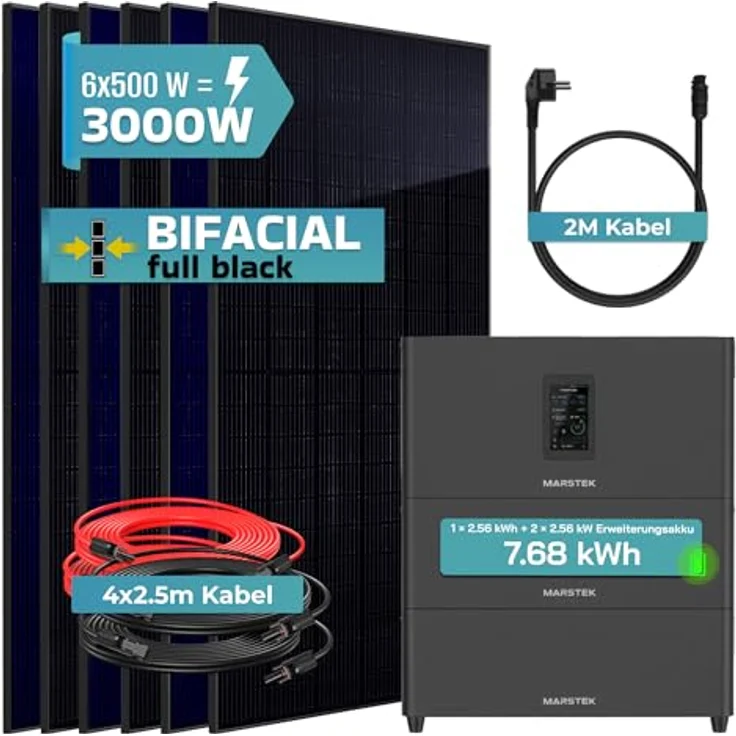 SUNNIVA® 3000W BALKONKRAFTWERK MARSTEK Jupiter C + Plus, BIFAZIAL FULLBLACK mit 7,68 kWh Speicher, PV Solaranlage Komplettset mit 6x 500W N-Type Glas-Glas Bifacial PV – Bild 2