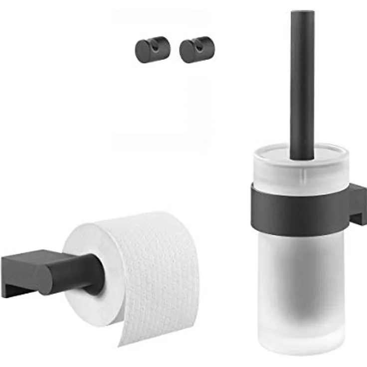 Tiger Bold Badaccessoire-Set, Edelstahl, Schwarz-matt, 4-teilig, bestehend aus Toilettenpapierhalter, 2 x Haken und WC-Bürste