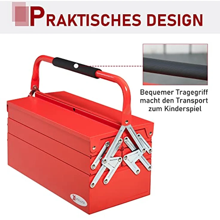 DURHAND Werkzeugkasten Werkzeugkoffer Montage Werkzeugkiste leer platzsparend mit 5 Fächer aufklappbar stabil Stahl (SPCC) Rot 45 x 22,5 x 34,5 cm – Bild 4