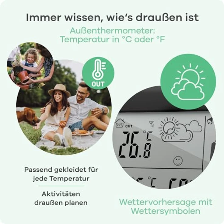 Mebus Digitale Funk-Wetterstation 40689, Wettervorhersage, Außensensor, Thermometer innen und außen, Kalender, backgroundbeleuchtung, Schwarz – Bild 3