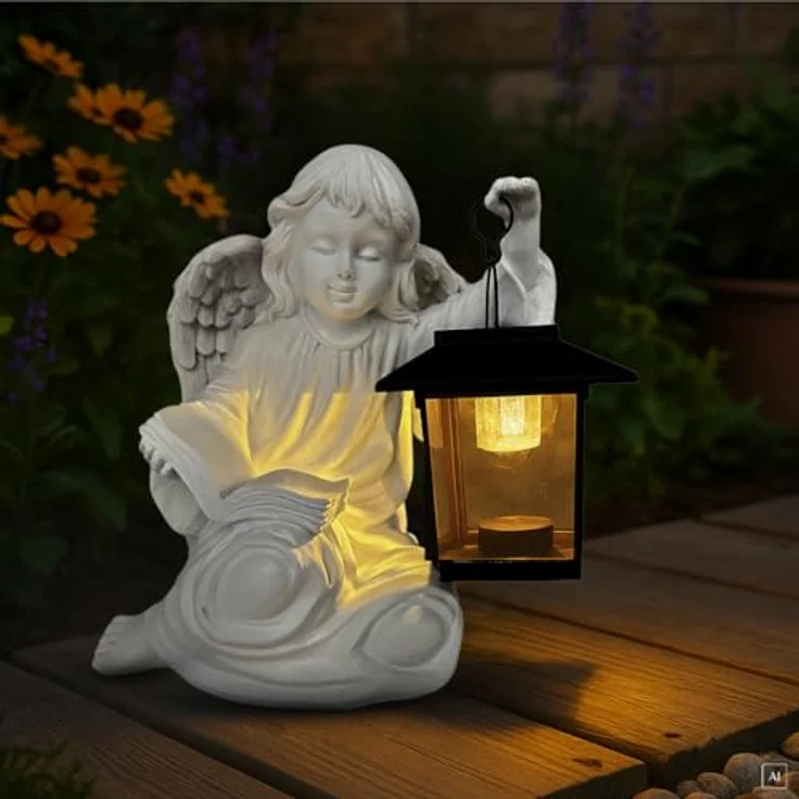 ABC Home Living Gartendeko Gartenfigur Dekofigur Engel mit Laterne solarbetrieben Innen-& Außenbereich, Weiß – Bild 3