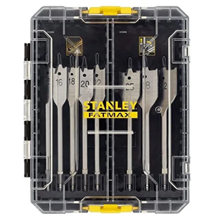 Stanley FatMax 8-tlg. Flachbohrer-Set STA88556, Premium Flachholzbohrer mit praktischem ToughCase, stapelbar, inklusive 12-32 mm Bohrer