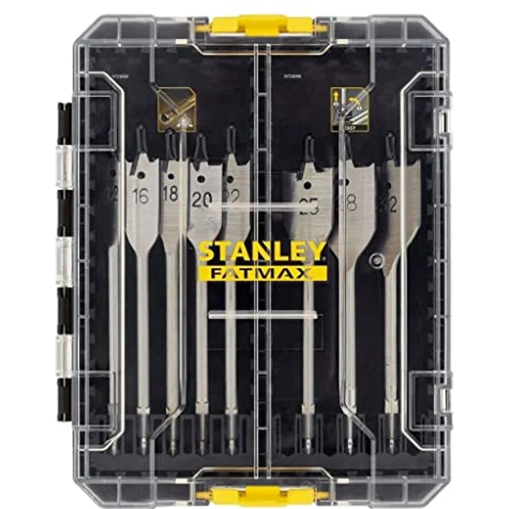 Stanley FatMax 8-tlg. Flachbohrer-Set STA88556, Premium Flachholzbohrer mit praktischem ToughCase, stapelbar, inklusive 12-32 mm Bohrer – Bild 1