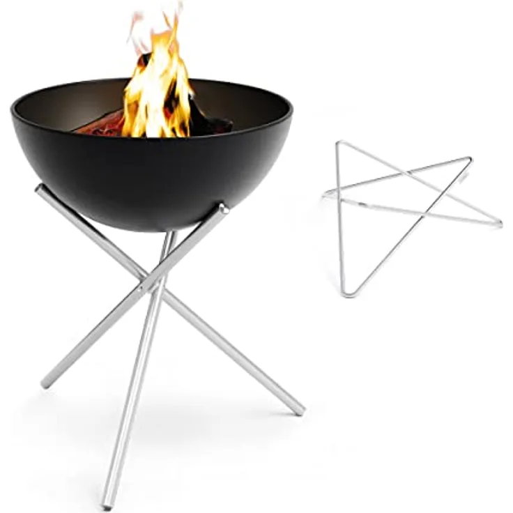höfats Bowl 57 Feuerset Flex, raucharme Feuerstelle mit Plancha Grillplatte und Grillrost, kippbarer Feuerkorb, Stahl emailliert, schwarz, Ø 57 cm