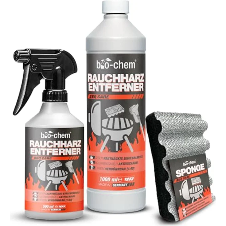 bio-chem Rauchharz-Entferner Konzentrat - 500 ml + 1000 ml Nachfüllflasche + Reinigungsschwamm - effektiver Backofen- und Grillreiniger für Gasgrill, Edelstahl, Gusseisen u.v.m. – Bild 1