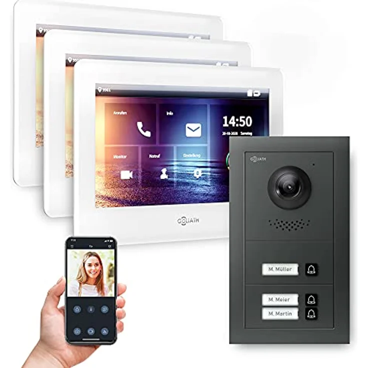 Goliath Intercom 2-Draht BUS Video Türsprechanlage GL-HB300A, Sicherheitslösung für 3-Familienhaus mit HD-Kamera, Smartphone App und 3 Monitoren, anthrazit – Bild 1