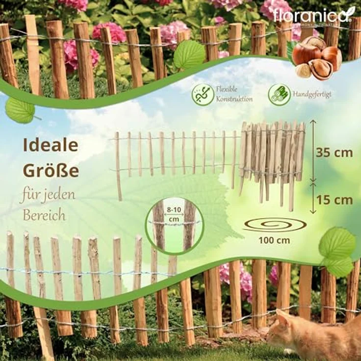 Pemicont Floranica Haselnuss Staketenzaun 35 cm hoch, biologisch abbaubarer Gartenzaun mit 8-10 cm Lattenabstand, handgefertigter Holz Jägerzaun für Teiche und Beete – Bild 2
