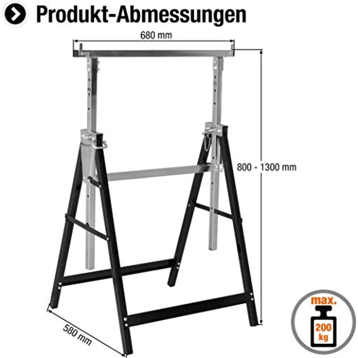 Meister Metallbock 200 kg - Klappbar - Teleskop-Arbeitsbock mit 7-stufiger Höhenverstellung und Rasthaken - verstellbare Arbeitshöhe 800 - 1300 mm - Metall - silber/schwarz – Bild 2
