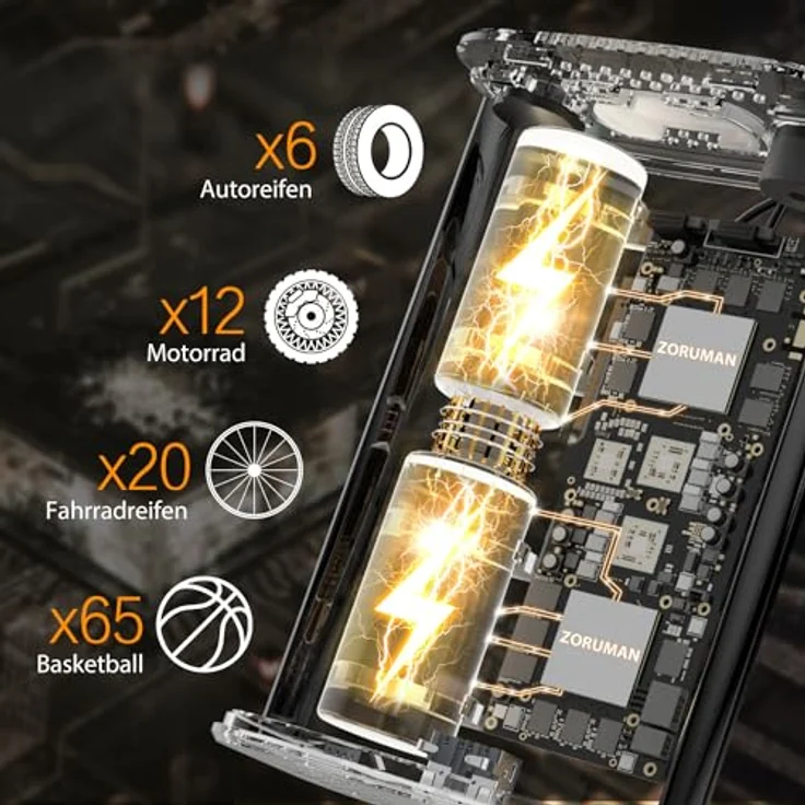 ZORUMAN 6000mAh Mini Tragbare Elektronische Luftpumpe, 150 PSI, Akku mit Digitalanzeige, Notbeleuchtung, für Auto, Motorrad, Fahrräder, Bälle – Bild 4