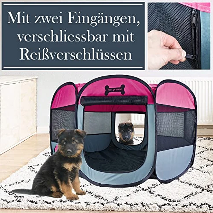 Petigi Welpenauslauf Oxford XL 115 cm faltbar Pink, achteckiger Welpenlaufstall für Hunde, Hasen, Meerschweinchen und Katzen, Innen Außen – Bild 3
