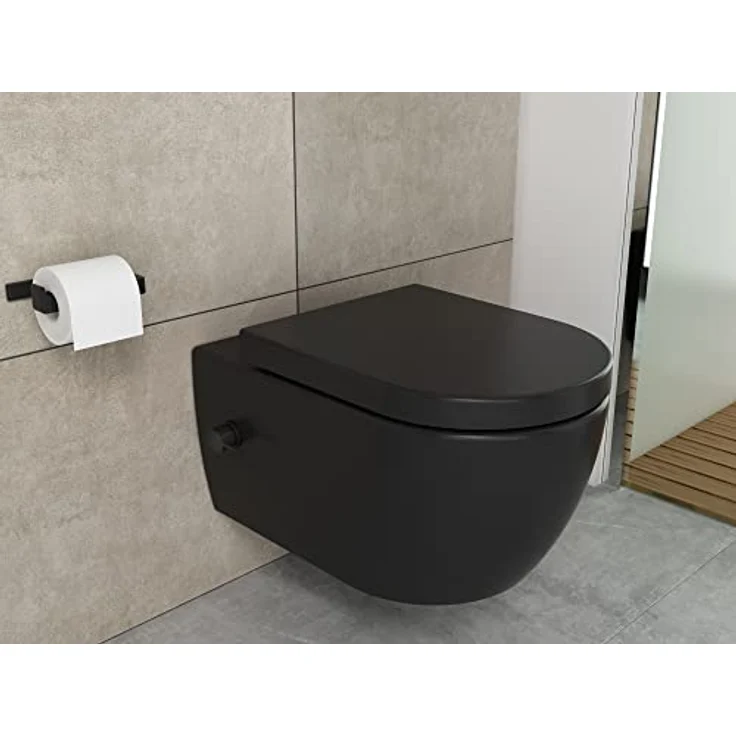 Aqua Bagno Taharet Toilette in schwarz matt, mit Absenkautomatik & Armatur, ohne Spülrand | 51,5 cm lang – Bild 3