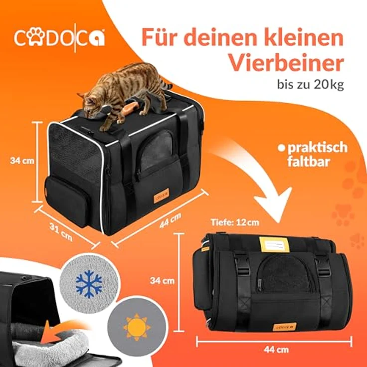 Cadoca Tiertransportbox, faltbare Transporttasche für Hunde und Katzen, anthrazit, mit wendbarem Liegekissen und integriertem Sonnen- und Regenschutz – Bild 2