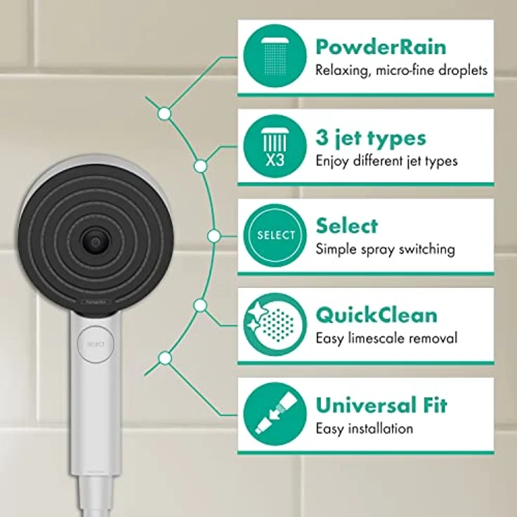 Hansgrohe Pulsify Select S Handbrause 105mm, 3-Strahl mit PowderRain, IntenseRain und Massagestrahl, 11,4 l/min, Mattweiß – Bild 2