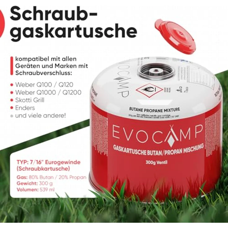 EVOCAMP 3x Propan Butan Gaskartuschen 300g mit Schraubventil Eurogewinde 7/16", Sicherheits-Verschlussautomatik, kompatibel mit Weber Q100/1200-Serien – Bild 2