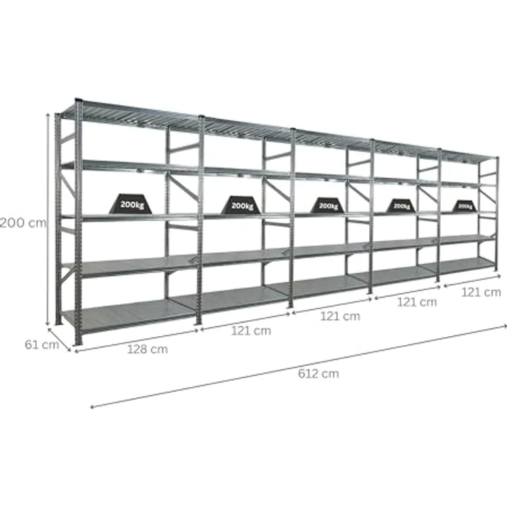 Proregal PROXIMO Metallregal 1x Grundregal + 4x Anbauregal, verzinkter Stahl, H 200 x B 600 x T 60 cm, Traglast 200 kg pro Boden, 5 Fachböden – Bild 2