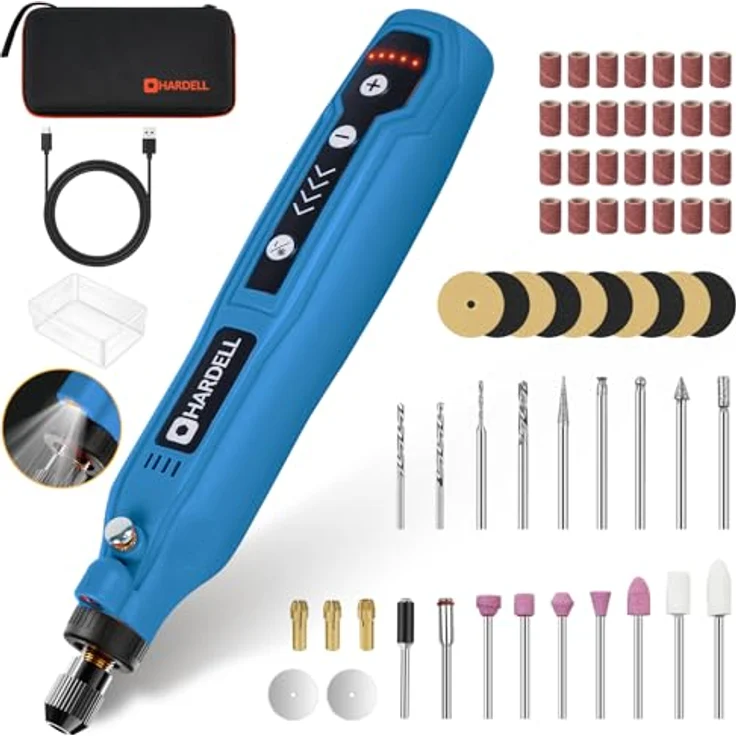 HARDELL Mini Akku Rotationswerkzeug, 5 Geschwindigkeiten (5000-18000 U/min), 3,7V mit 69 Zubehörteilen, LED-Licht, Gravurset für Resin, Holz und Glas, blau – Bild 1