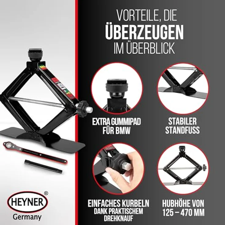 HEYNER® Scherenwagenheber 2 t für BMW 5er G60 (2023–), runder Sattel, austauschbare 360° Gummiauflage, Hub 125–470 mm, 17 mm Ratsche & Drehknauf, Standfuß 30×8 cm, bis −50 °C – Bild 7