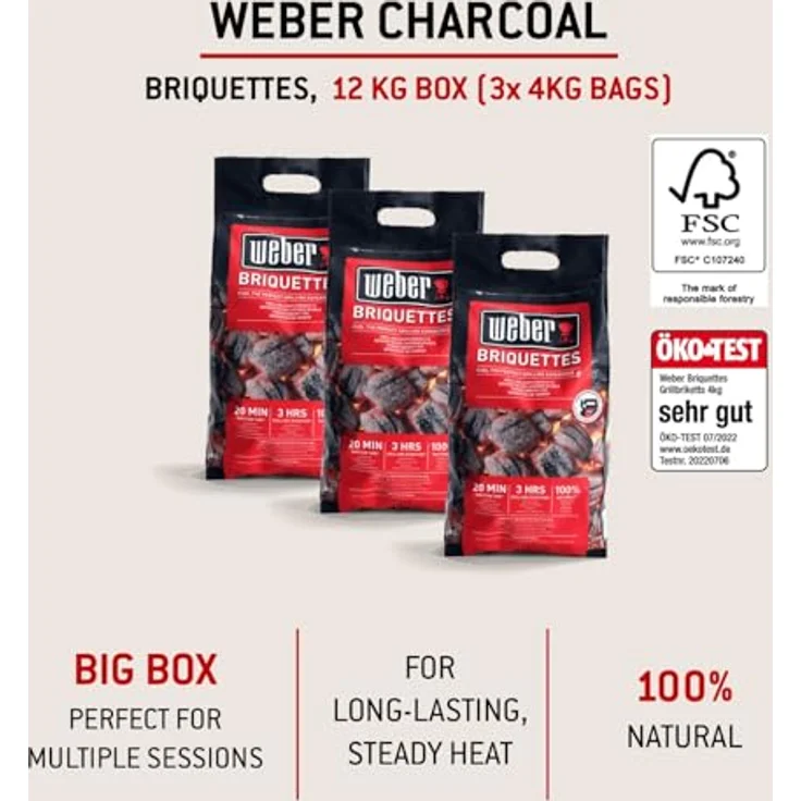 Weber Grill-Briketts 12kg Box, 3x4kg Packungen für lange & konstante Glut, 100% natürliches Holz, FSC zertifiziert – Bild 2