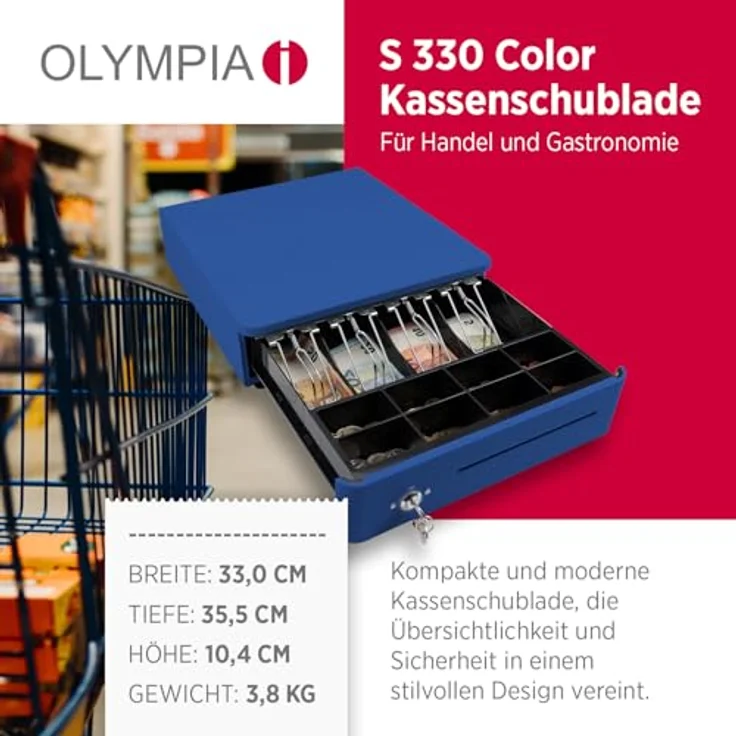 Olympia S 330 Blau, Kassenlade mit 8 Münzfächern, 4 Scheinfächern, Vollmetall, elektrisch ansteuerbar, Schloss & RJ11/RJ12-Anschluss – Bild 2