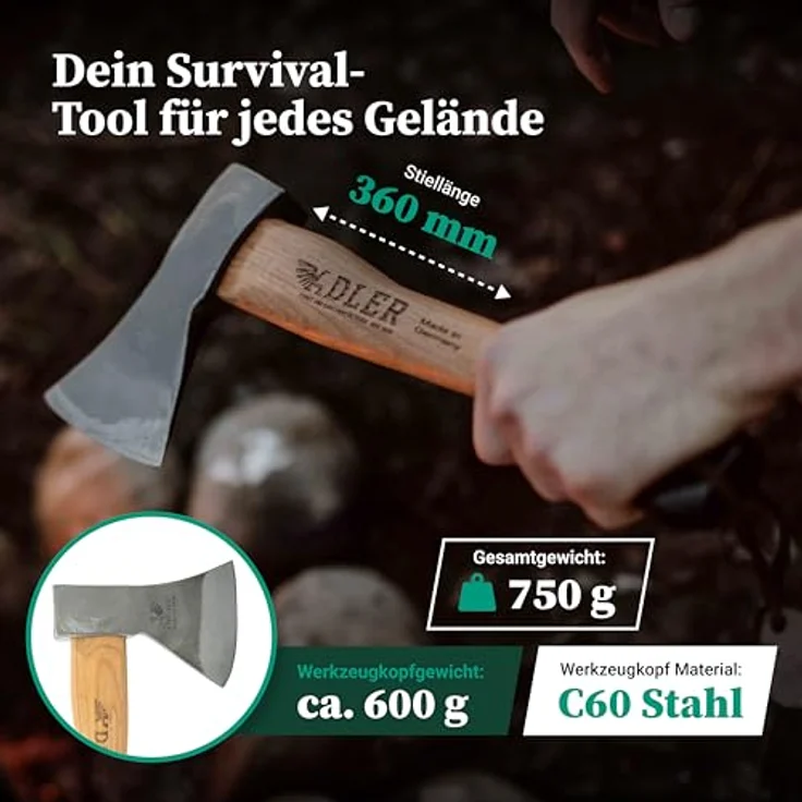 Adler Rheinlandbeil inkl. Lederschutz: Geschmiedetes Holzbeil aus C60-Stahl, Anti-Rutsch Outdoor-Beil, Grün/schwarz, 600 g – Bild 2