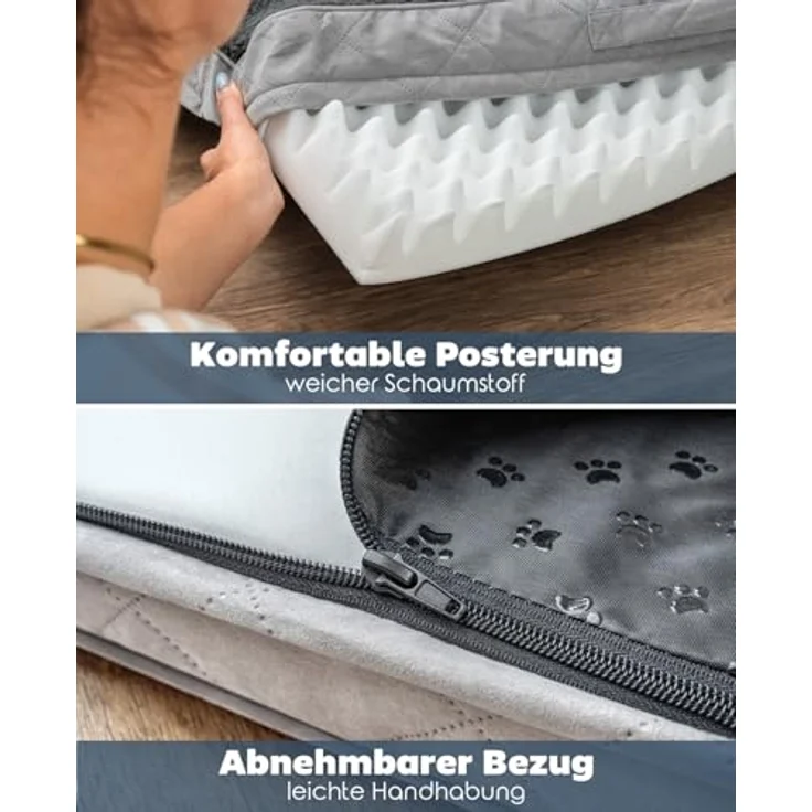 lionto Hundebett orthopädisch, 91x69x8 cm, robuster Plüschbezug, abnehmbar & waschbar, wasserabweisend, für kleine & große Hunde + Katzen, grau – Bild 3