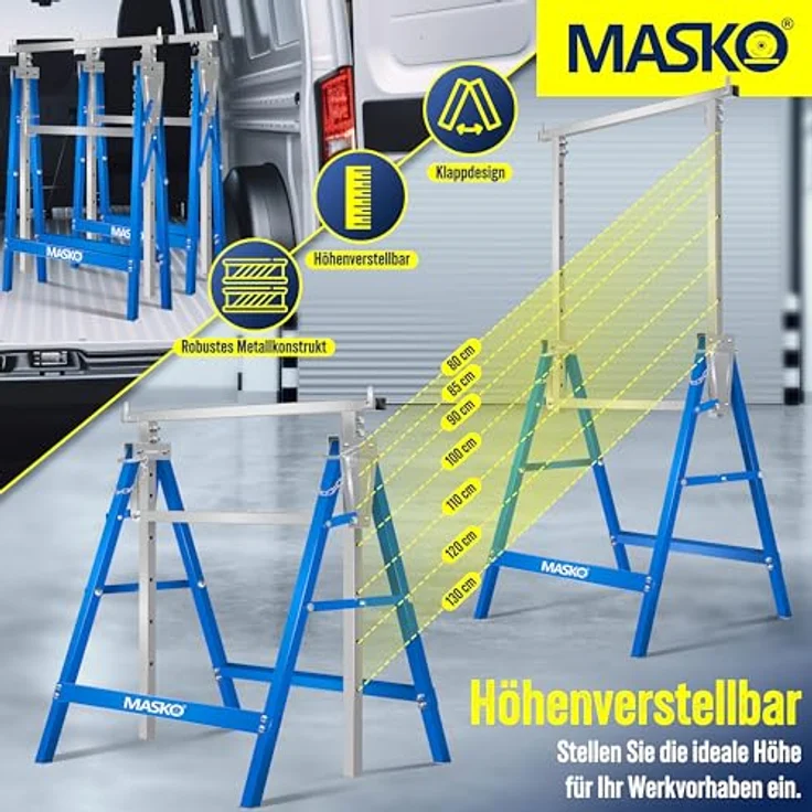 MASKO® Teleskop-Arbeitsbock 2-er Set | Klappbock mit 200 kg Belastbarkeit | Höhenverstellbar 800-1300 mm | Inkl. rutschfester Handschuhe | Blau – Bild 3