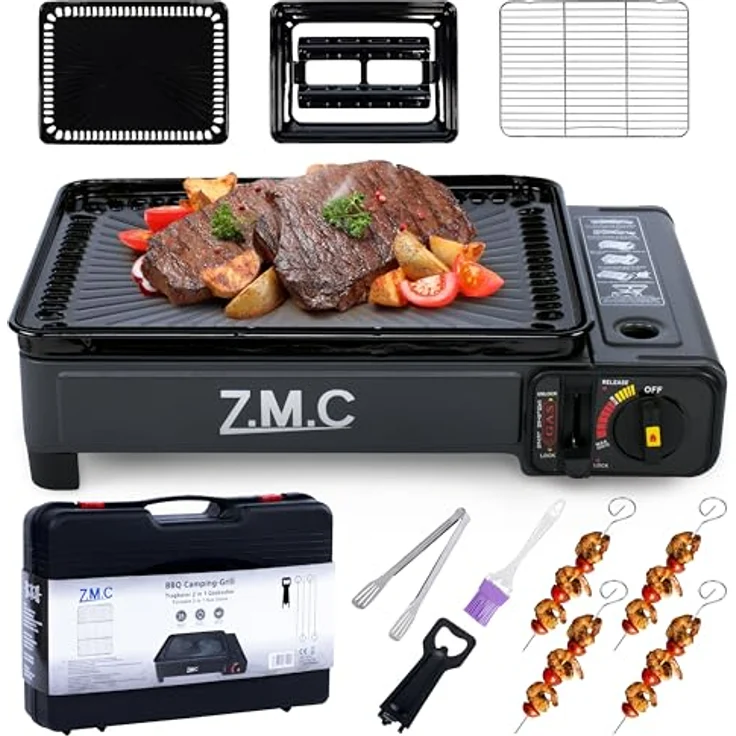 ZMC 2-in-1 Gaskocher + Gasgrill 2,2KW, inkl. Zubehör, Campingkocher mit Grillplatte + Grillrost, Tragekoffer, 3,8kg, Piezo-Zündung ohne Gaskartusche, schwarzes Design – Bild 2