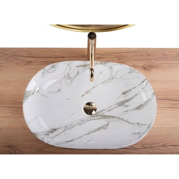 Rea Aufsatzwaschbecken CLEO 61 Shiny Aiax Waschtisch Handwaschbecken Waschschale Waschbecken für Badezimmer aus hochwertiger Keramik 41 x 60,5 x 14 cm (Steinimitation) – Bild 3