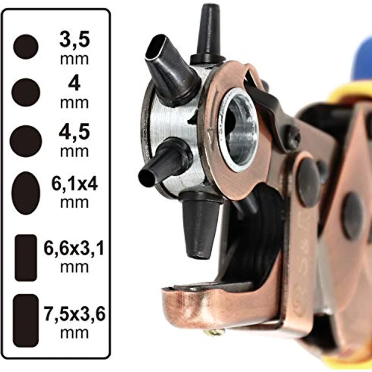 S&R ALLIGATOR Revolverlochzange-Set, 3 x Lochpfeifen OVAL und RUND 3,5/4/4,5 mm, Stanz-Lochzange für Gürtel Textil Schuhe Uhren-Armbänder Leder-Bänder Sattel Karton, Ersatz-Amboss – Bild 2