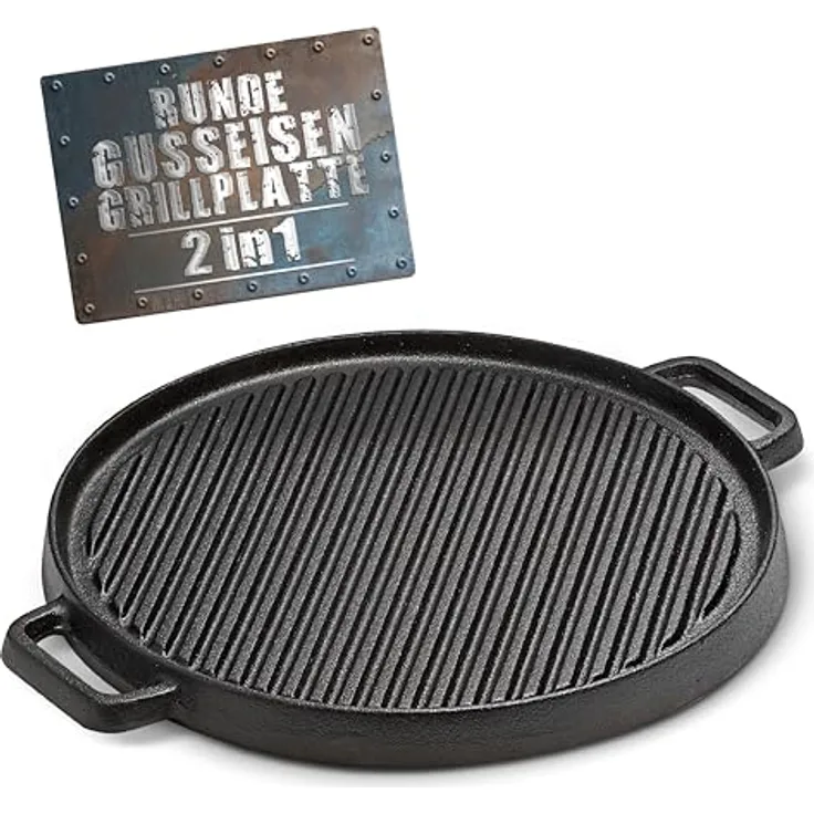 BBQ BOSS Grillplatte Induktion [2 in 1], Gusseisen Rund, Wendbar, Ø 29,5 cm für Grill und Ofen