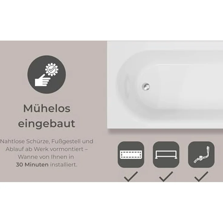 Schulte Badewanne Rio Canto, 180x80 cm Sanitäracryl Weiß mit Fußgestell, Schürze und Pop-Up Ablauf – Bild 6