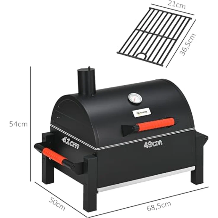 Outsunny Holzhohlgrill, Tischgrill mit Grillrost, Kohleschale, Campinggrill mit Deckel, Griff, Thermometer, Tischholzgrill für Picknick, Garten, Schwarz, 68,5 x 50 x 54 cm – Bild 3