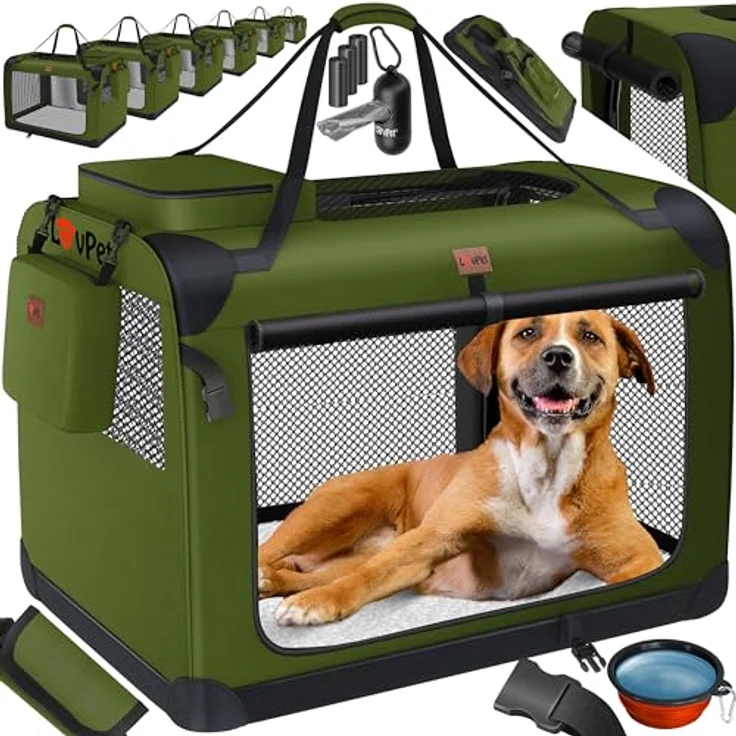 Lovpet® Transportbox Hund Katze Transporttasche XXL 91,4x63,5x63,5cm Faltbar | Inkl. Hundenapf & Schultergurt | Khaki – Bild 1