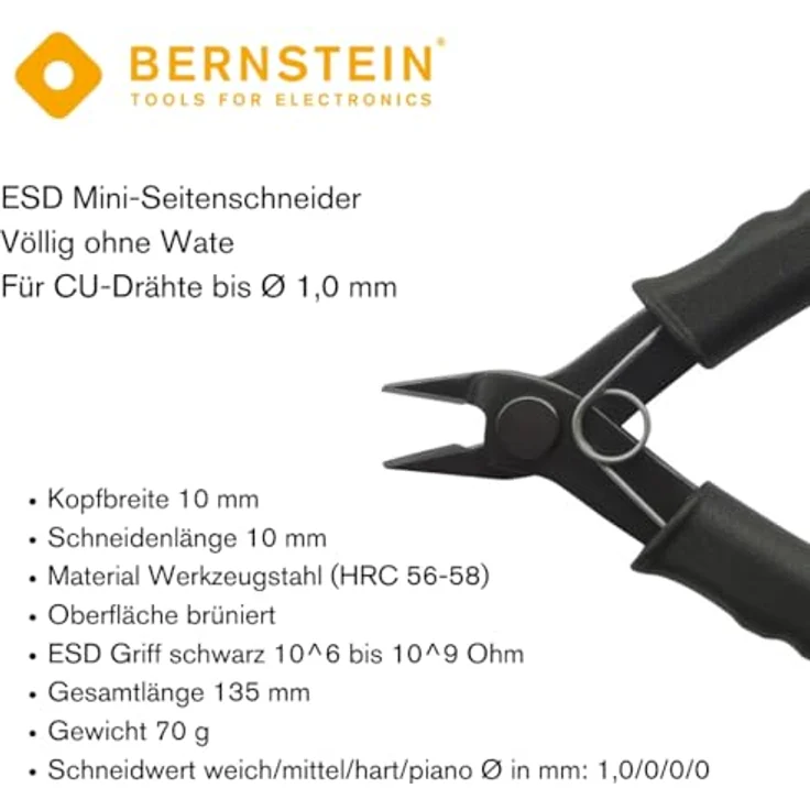 Bernstein Mini Elektronik-Seitenschneider 135 mm | Ohne Wate für Kupferdrähte bis Ø 1,0 mm 18AWG | Oberfläche brüniert | ESD Griff schwarz 10^6 bis 10^9 Ohm – Bild 2